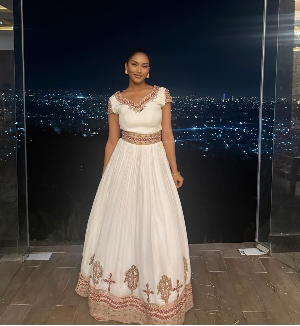 Ethiopian chiffon ceremonial gown with hand embroidery
